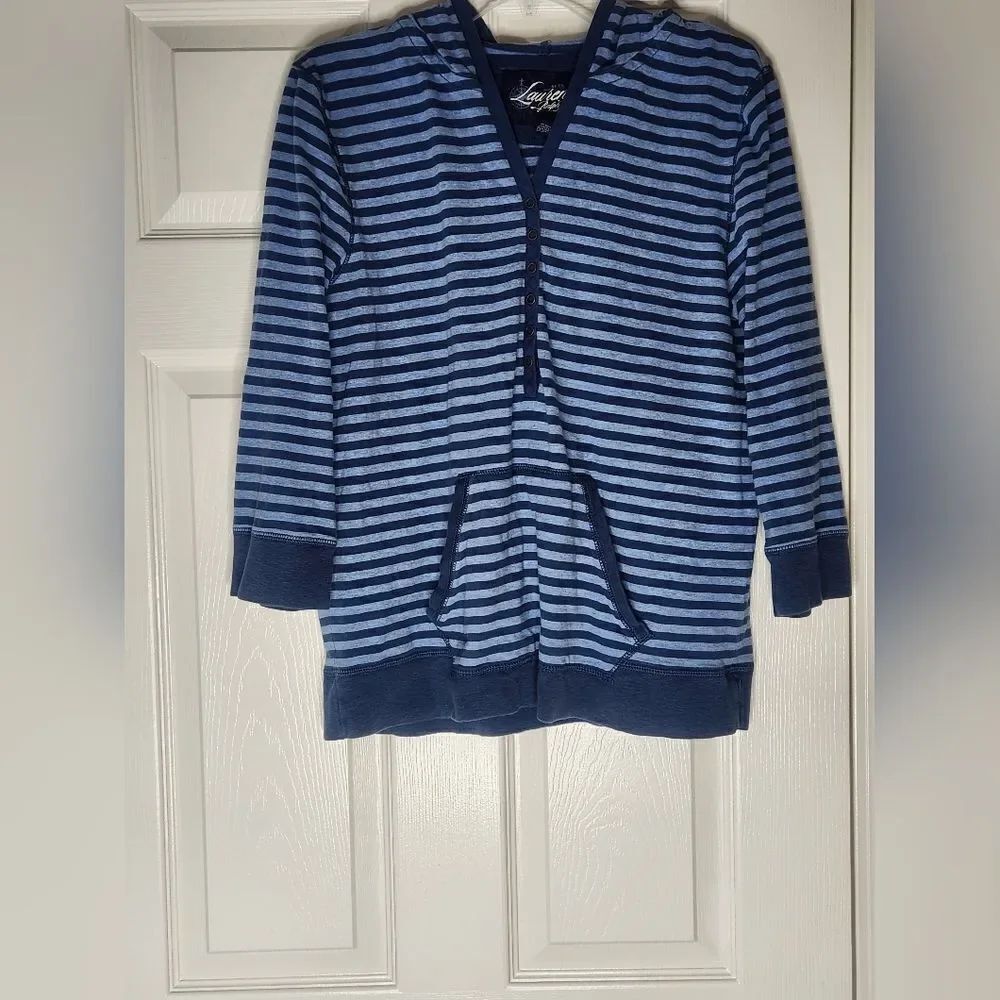 Lauren Ralph Lauren XL Blue Navy Blue Striped 3/4 Sleeve Pocket Women Hoodie